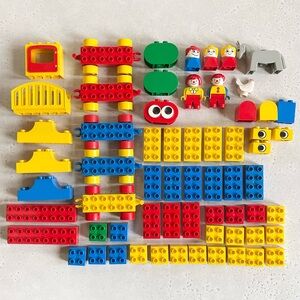 63 Piece Misc. Vintage Lego Duplo Lot Bricks, People Horse Chicken